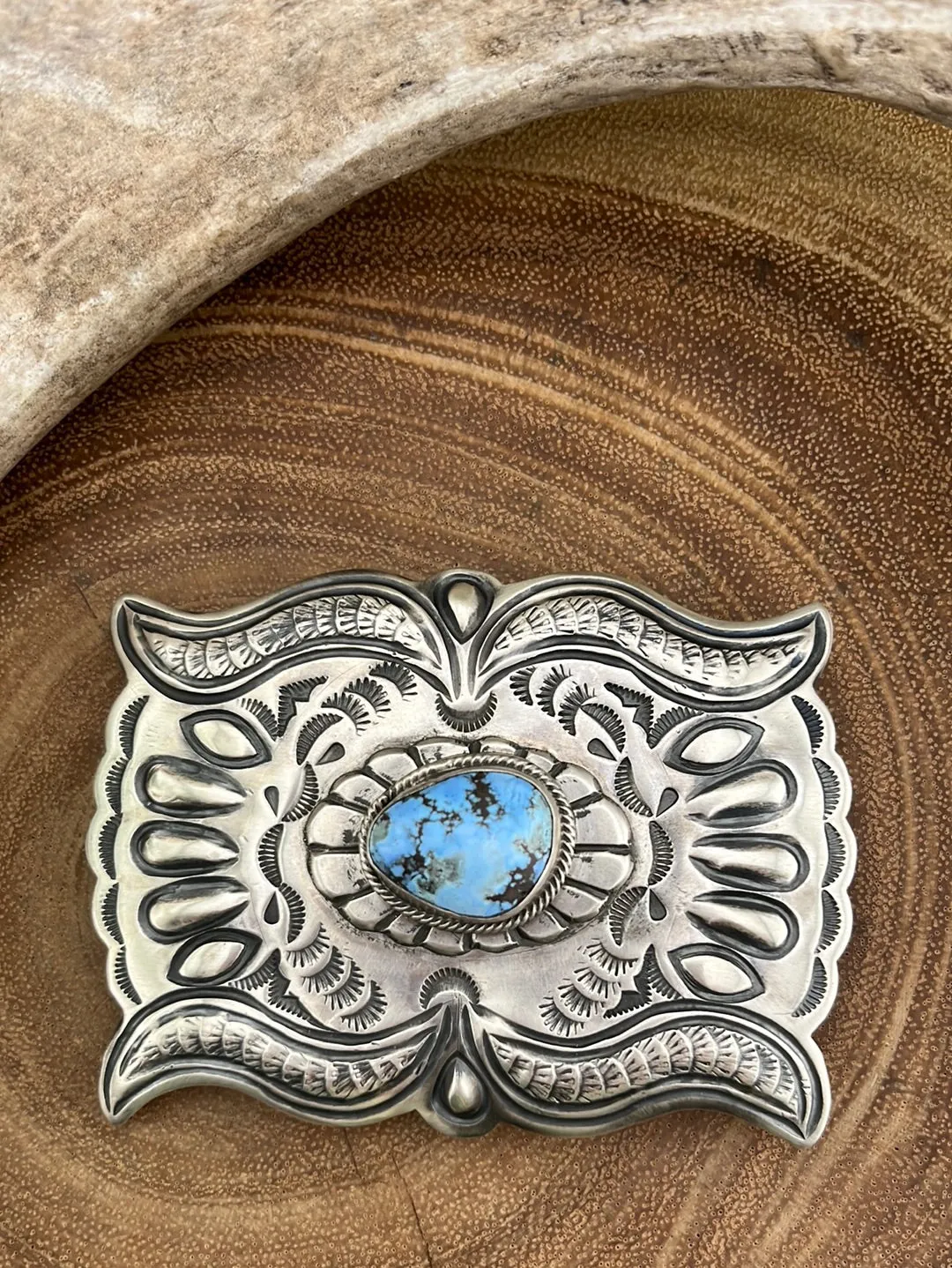 Dakota Sterling Silver and Golden Hills Turquoise Stamped Belt Buckle