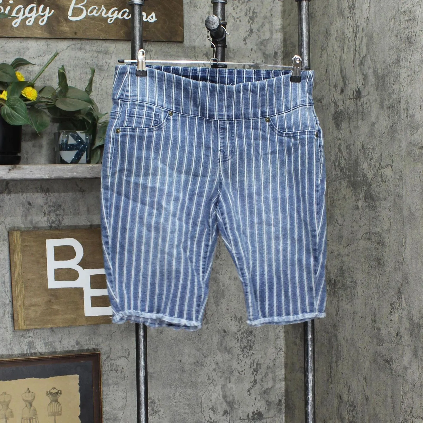 DG2 Womens Classic Stretch Pull-On Bermuda Short Midtone Stripe Blue PL