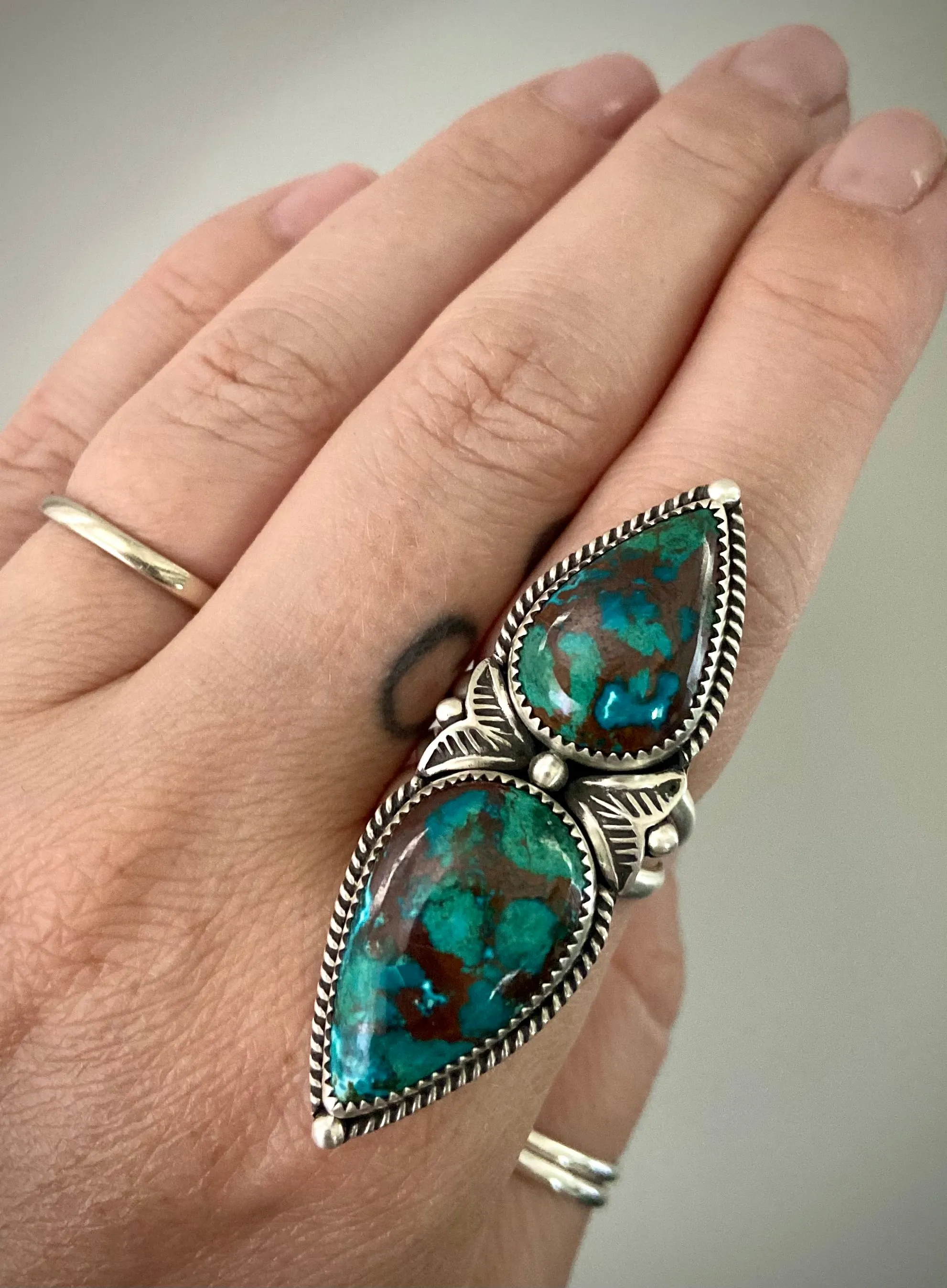 Double Stoned Peruvian Chrysocolla Stamped Ring