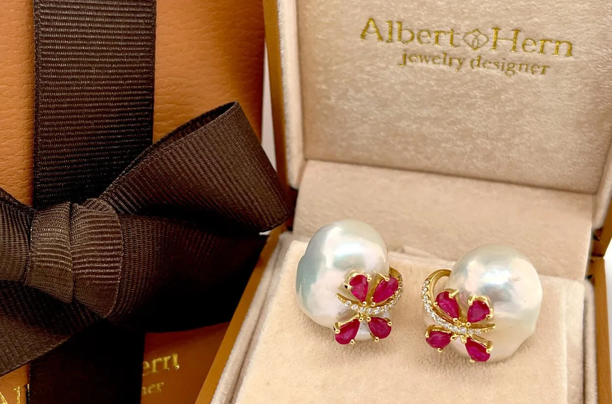 Earrings 14kt Gold Baroque Pearls with Rubies & Diamonds Butterflies