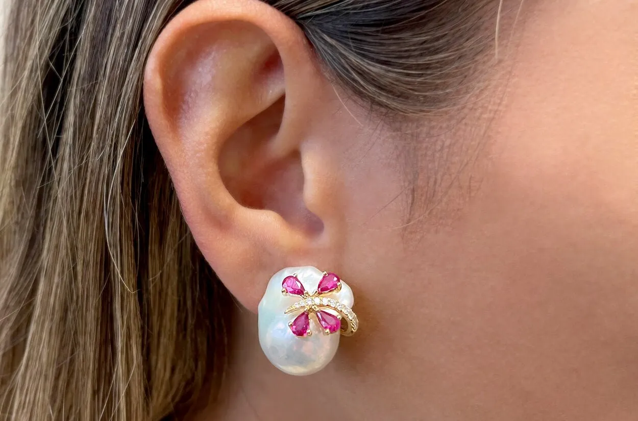 Earrings 14kt Gold Baroque Pearls with Rubies & Diamonds Butterflies