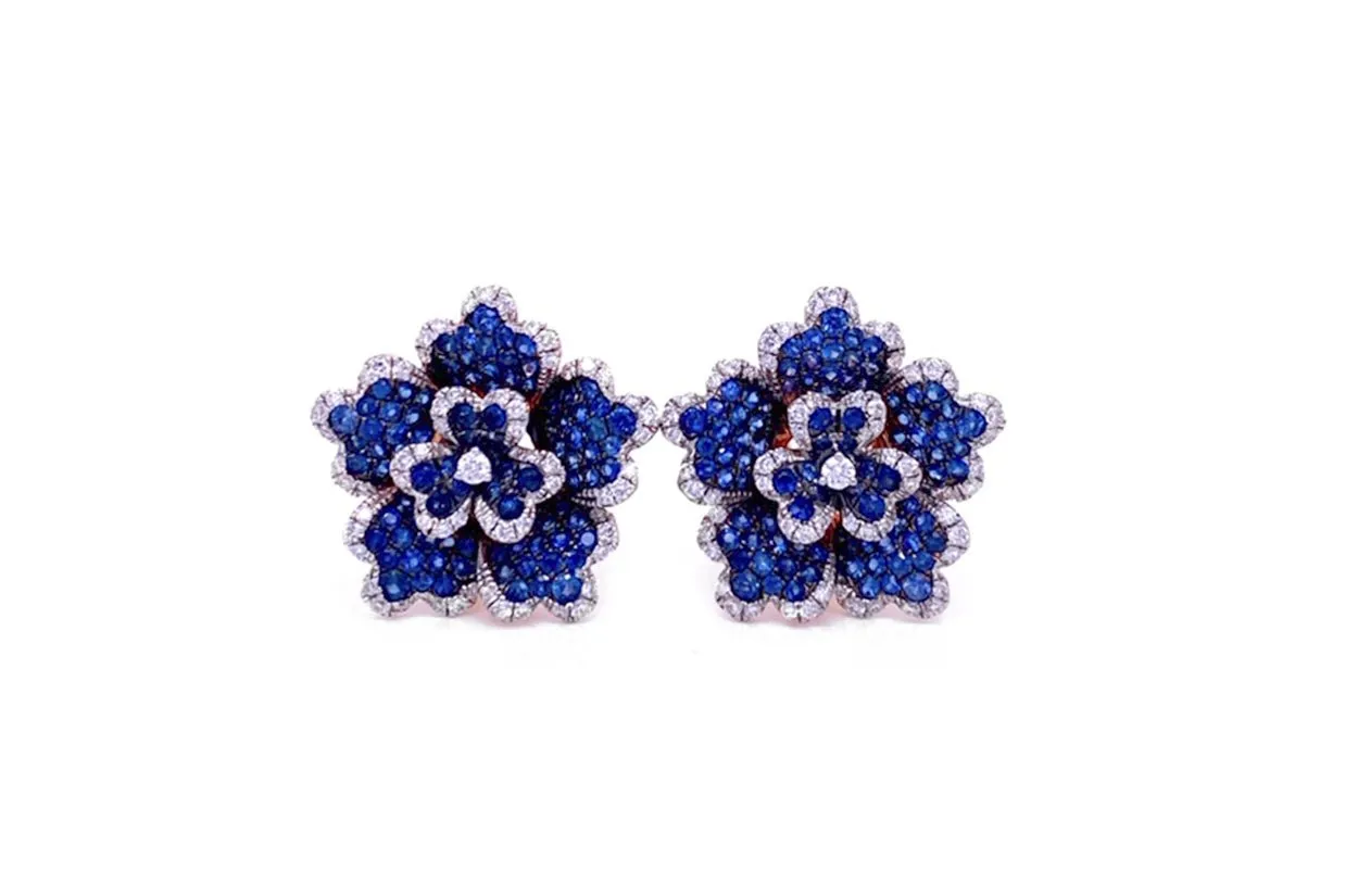 Earrings 18kt Gold Flowers Blue Sapphire & Diamonds