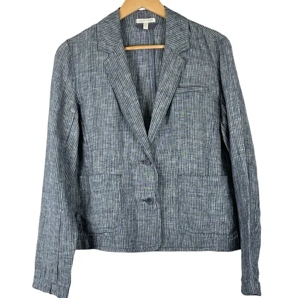 Eileen Fisher 100% Linen Blue &amp; White Striped Blazer Jacket Size Small