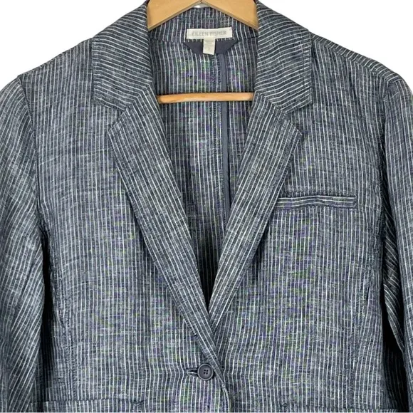 Eileen Fisher 100% Linen Blue &amp; White Striped Blazer Jacket Size Small