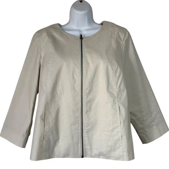 Eileen Fisher Full Zip 3/4 Sleeve Jacket Size Large Beige Polished Ramie Pockets