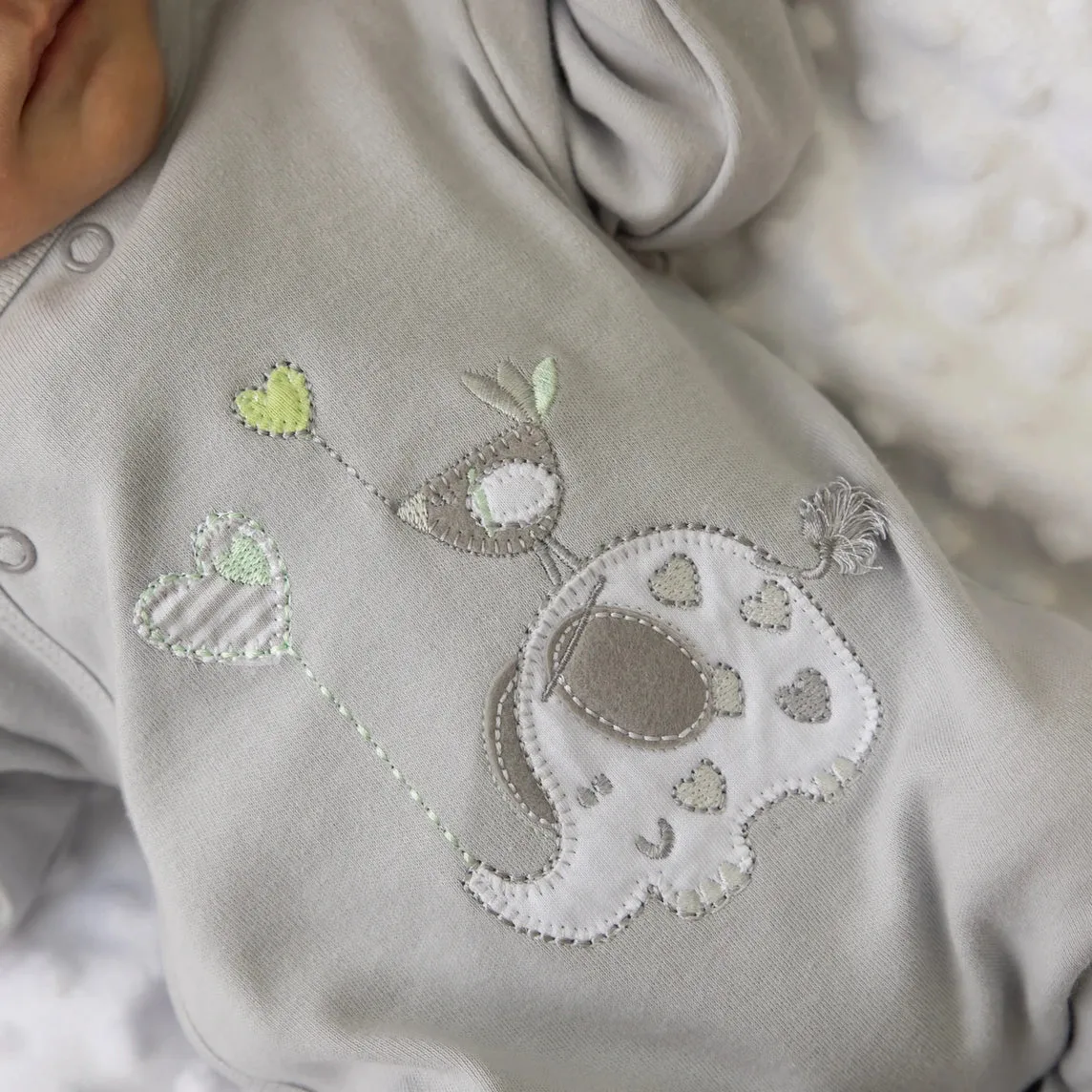 'Elephant & Bird' Grey Unisex Cotton Sleepsuit
