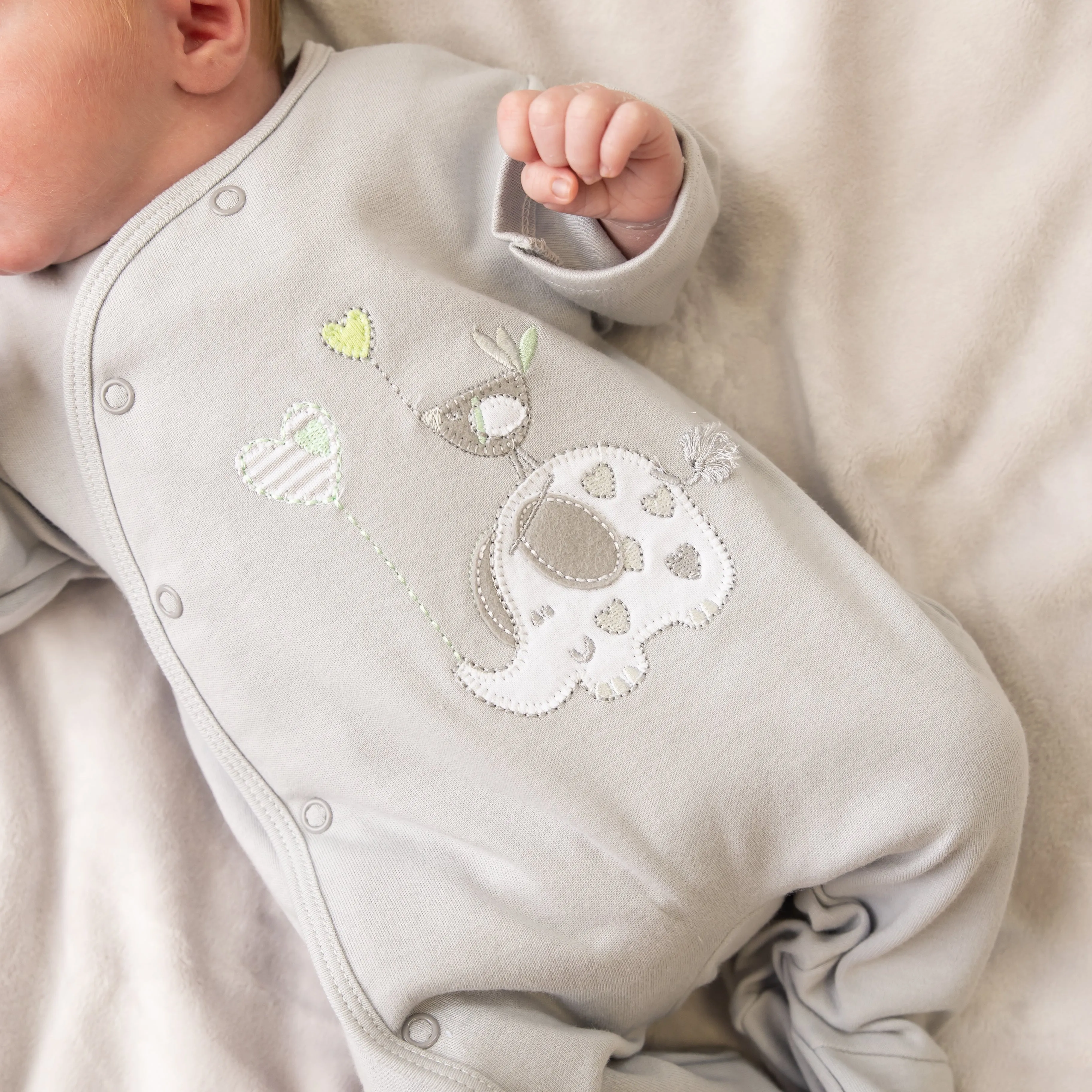 'Elephant & Bird' Grey Unisex Cotton Sleepsuit