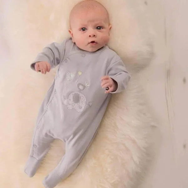'Elephant & Bird' Grey Unisex Cotton Sleepsuit