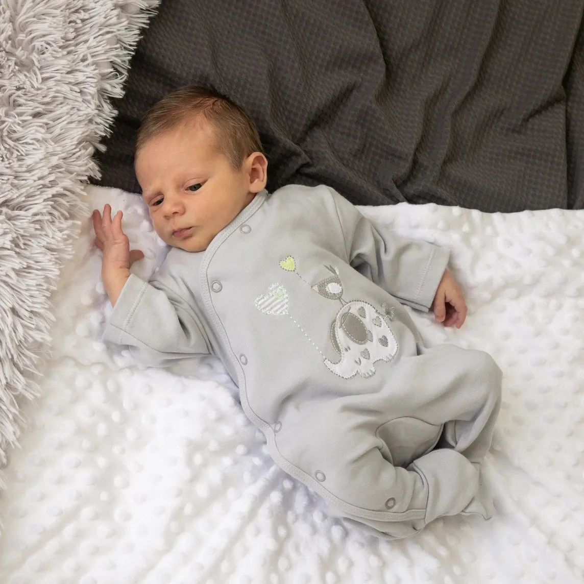 'Elephant & Bird' Grey Unisex Cotton Sleepsuit