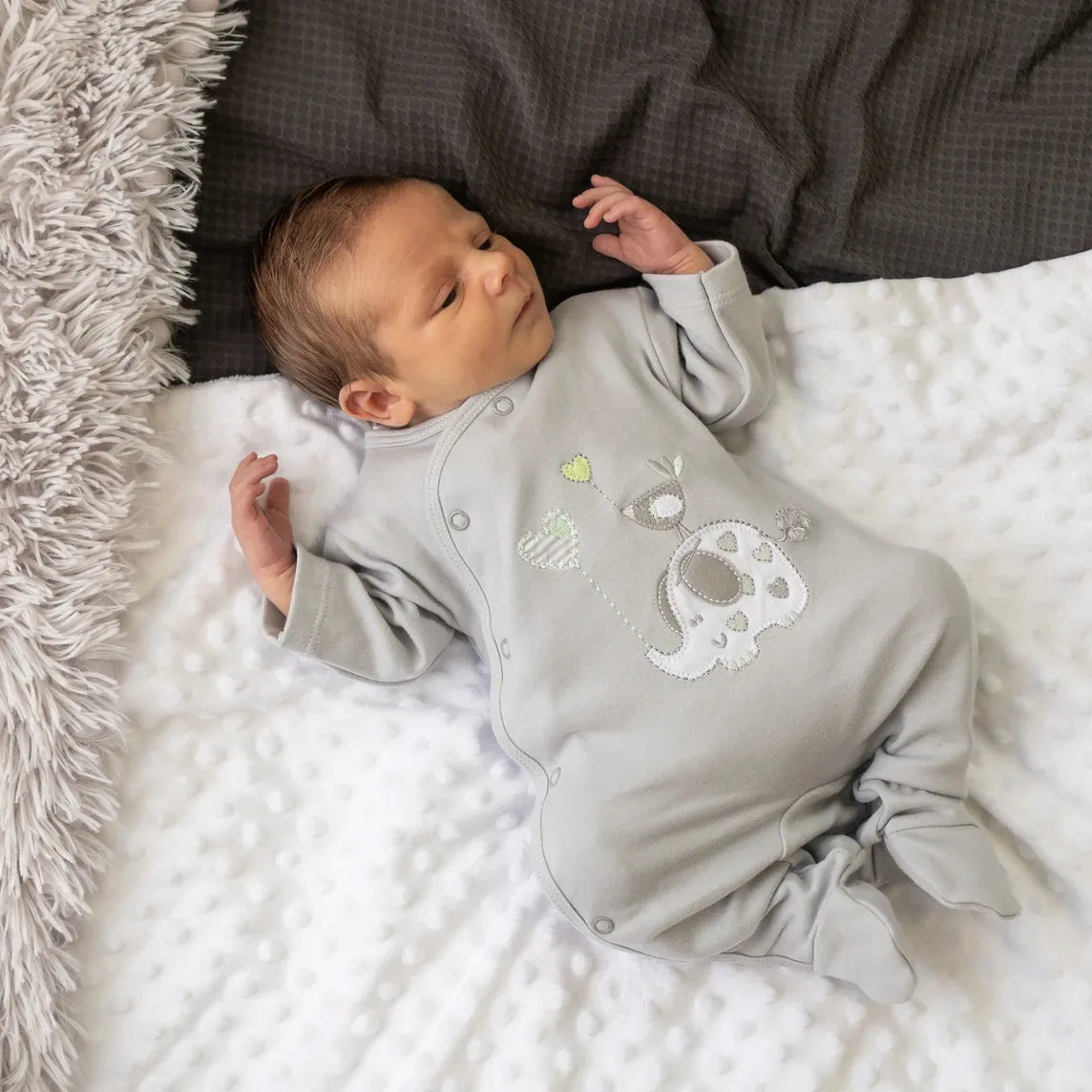 'Elephant & Bird' Grey Unisex Cotton Sleepsuit