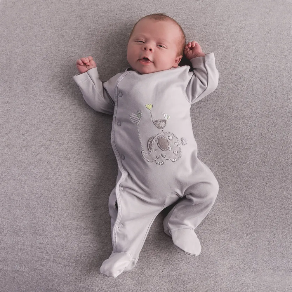 'Elephant & Bird' Grey Unisex Cotton Sleepsuit