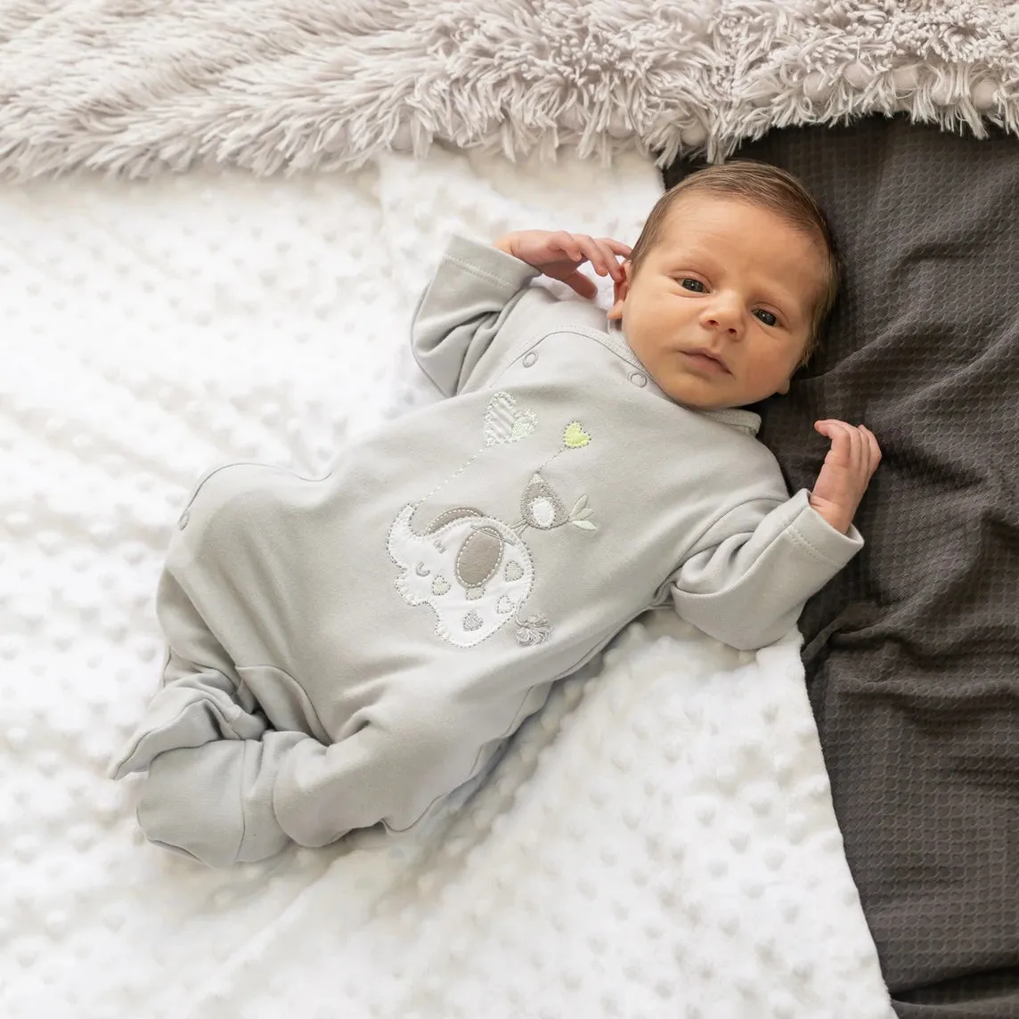 'Elephant & Bird' Grey Unisex Cotton Sleepsuit
