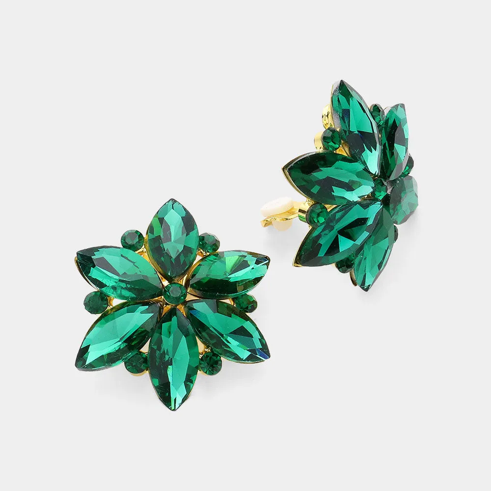 Emerald Marquise Stone Cluster Flower Clip On Pageant Earrings | Interview Clip On Earrings |  631824