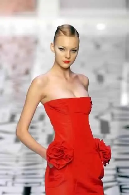 Fall 2004 Valentino Runway Look 53 Strapless red dress w Flowers on the Hips