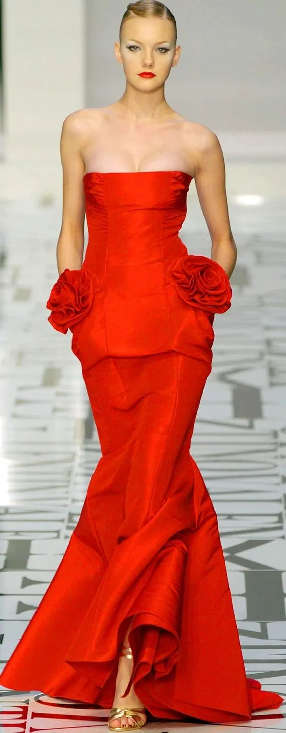 Fall 2004 Valentino Runway Look 53 Strapless red dress w Flowers on the Hips
