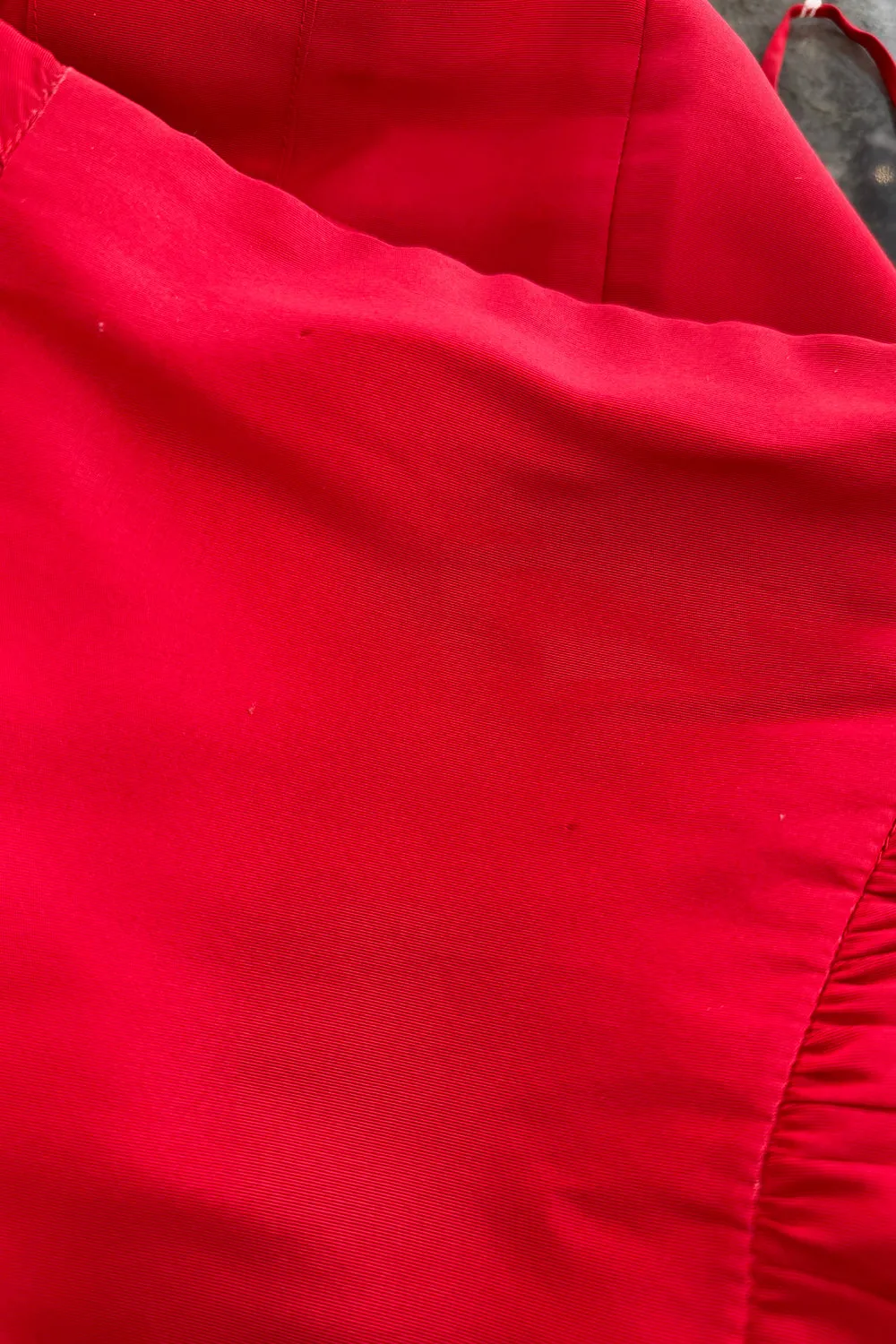 Fall 2004 Valentino Runway Look 53 Strapless red dress w Flowers on the Hips