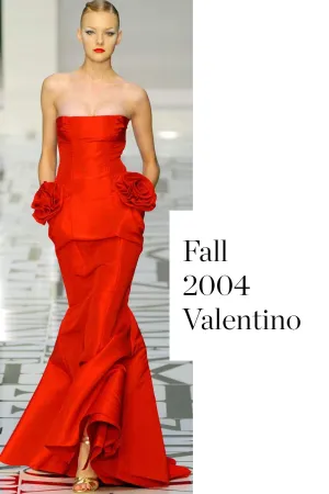 Fall 2004 Valentino Runway Look 53 Strapless red dress w Flowers on the Hips