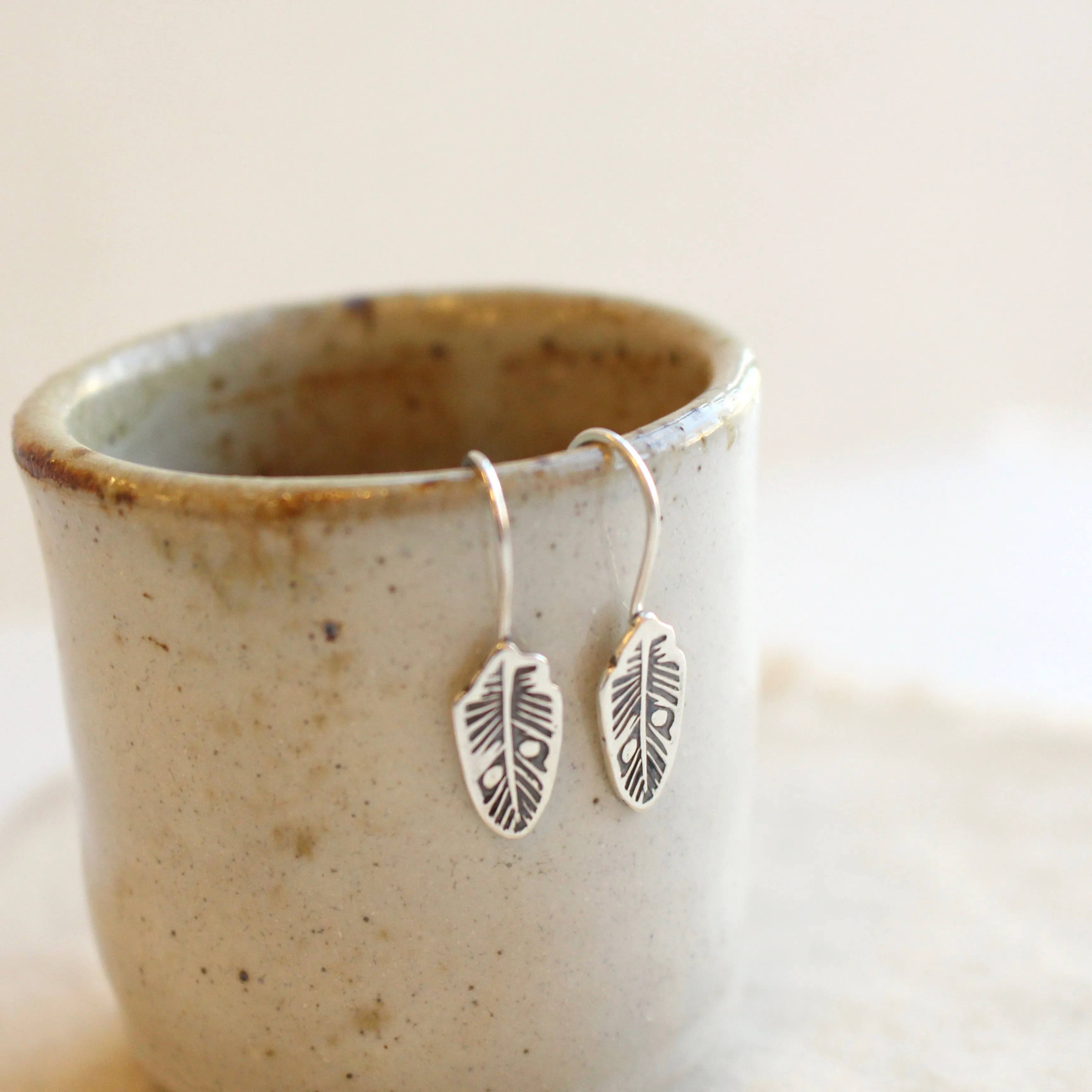 Feather Lobe Hugger Silver Earrings