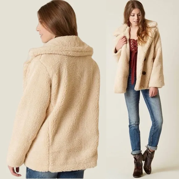 Free People Peacoat Notched Teddy Sherpa Oversized Oatmeal Small Double Breast