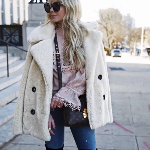 Free People Peacoat Notched Teddy Sherpa Oversized Oatmeal Small Double Breast