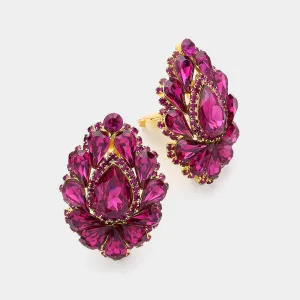 Fuchsia Crystal Cluster Teardrop Clip on Earrings | 631698
