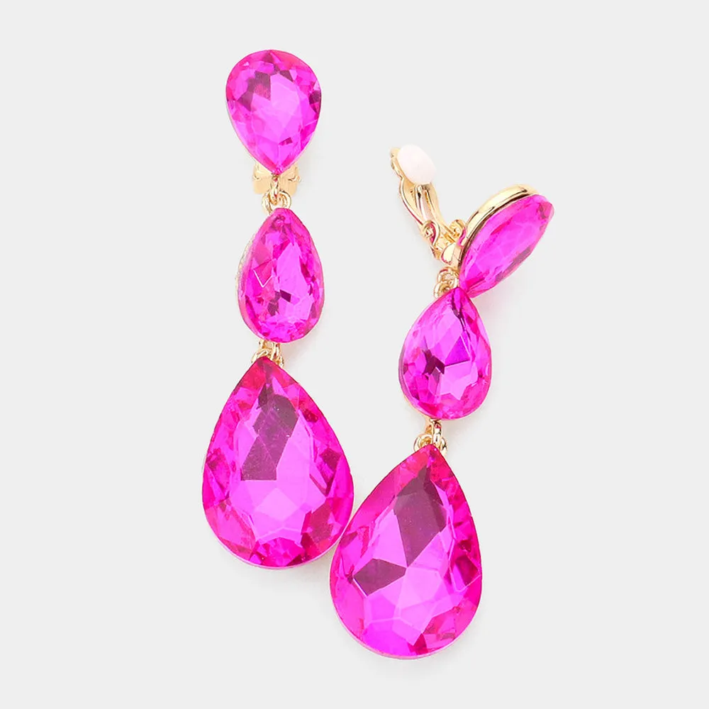 Fuchsia Crystal Triple Teardrop Clip-on Pageant Earrings  | 545365