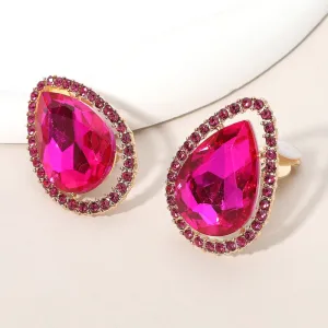 Fuchsia Teardrop Stone with Fuchsia Rhinestone Trim Clip On Pageant Earrings on Gold  | 653258