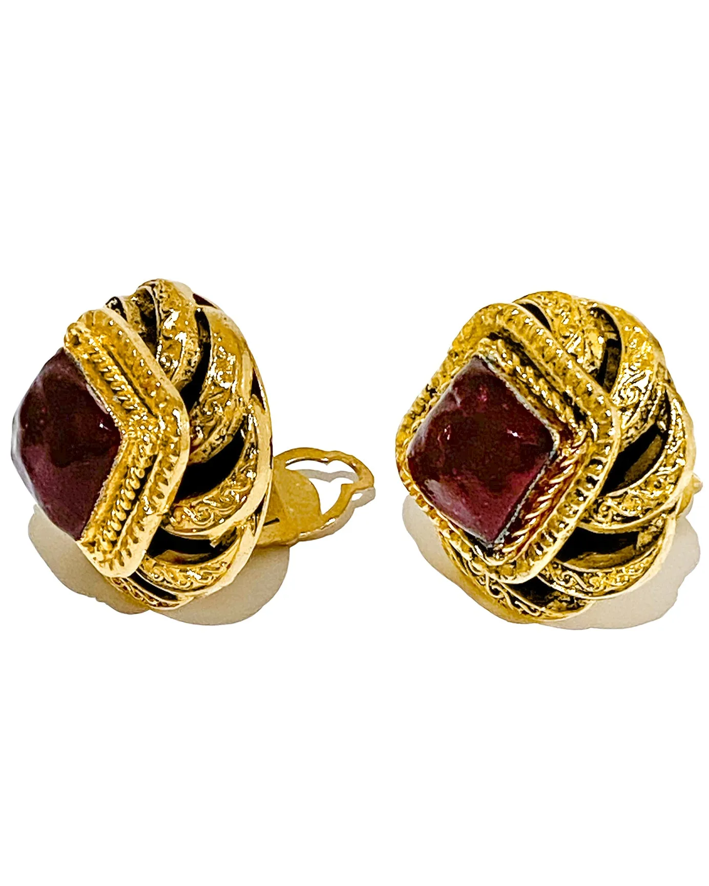 Gold Tone and Red Poured Glass Earrings