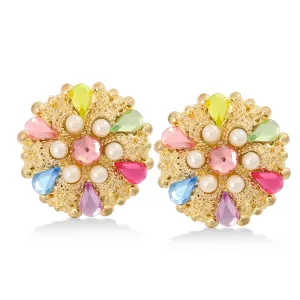 GOLD-TONE CREAM PEARL AND MULTI COLOR CRYSTAL PLASTIC CLIP ON EARRING #FW-E116-G/P/M (SHCB1)