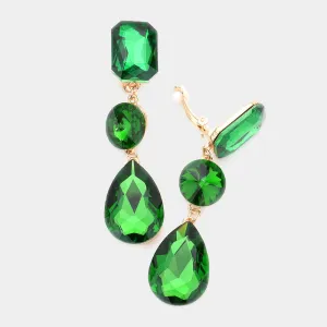 Green Crystal Triple Drop Geometric Shape Clip On Pageant Earrings | Prom Earrings | 556768