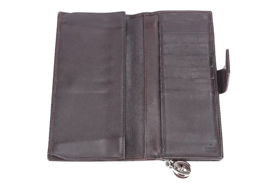 GUCCI GG GUCCISMA G CHARM LONG FOLD WALLET BROWN LEATHER SILVER HARDWARE NO DUST COVER