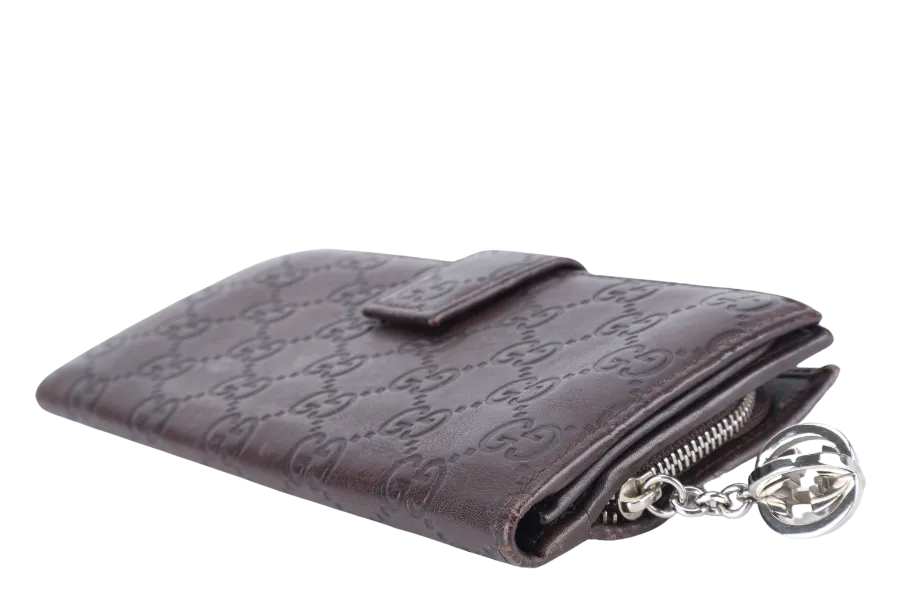GUCCI GG GUCCISMA G CHARM LONG FOLD WALLET BROWN LEATHER SILVER HARDWARE NO DUST COVER