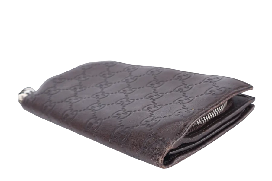 GUCCI GG GUCCISMA G CHARM LONG FOLD WALLET BROWN LEATHER SILVER HARDWARE NO DUST COVER
