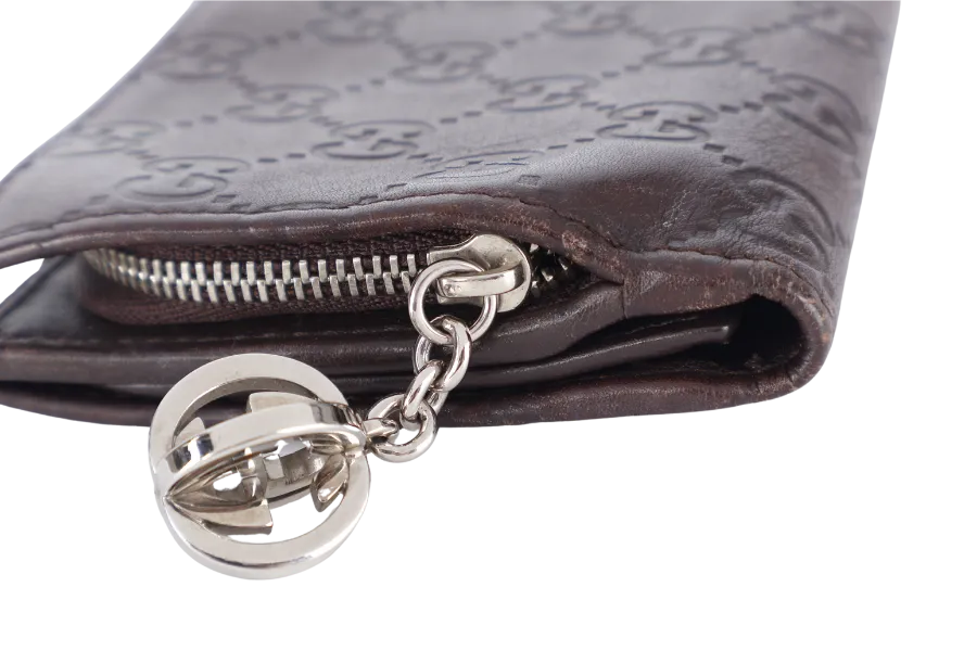 GUCCI GG GUCCISMA G CHARM LONG FOLD WALLET BROWN LEATHER SILVER HARDWARE NO DUST COVER