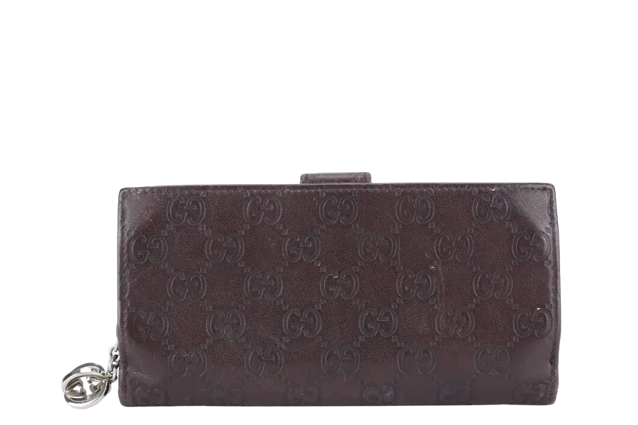 GUCCI GG GUCCISMA G CHARM LONG FOLD WALLET BROWN LEATHER SILVER HARDWARE NO DUST COVER