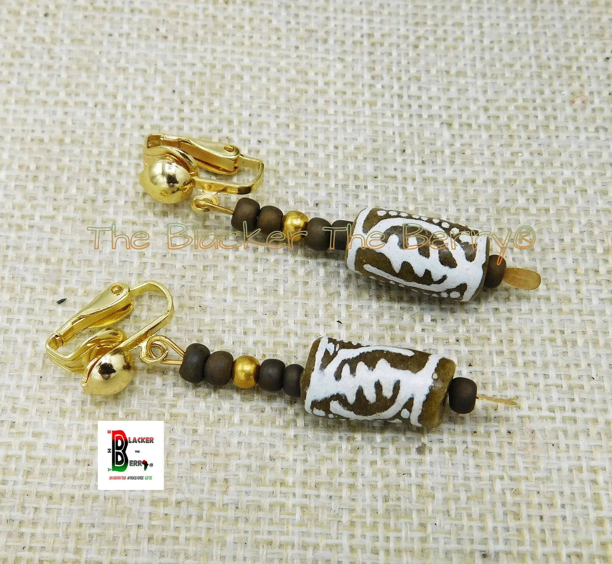 Gye Nyame Clip On Earrings African Beaded Ethnic Jewelry Women Black Owned