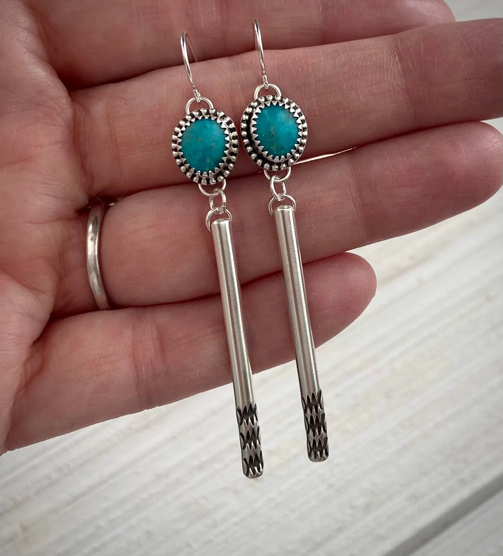 Hand Stamped Kingman Turquoise Bar Earrings