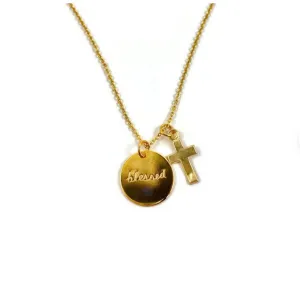 Hand Stamped Word Disk Necklace - Blessed with Cross Charm