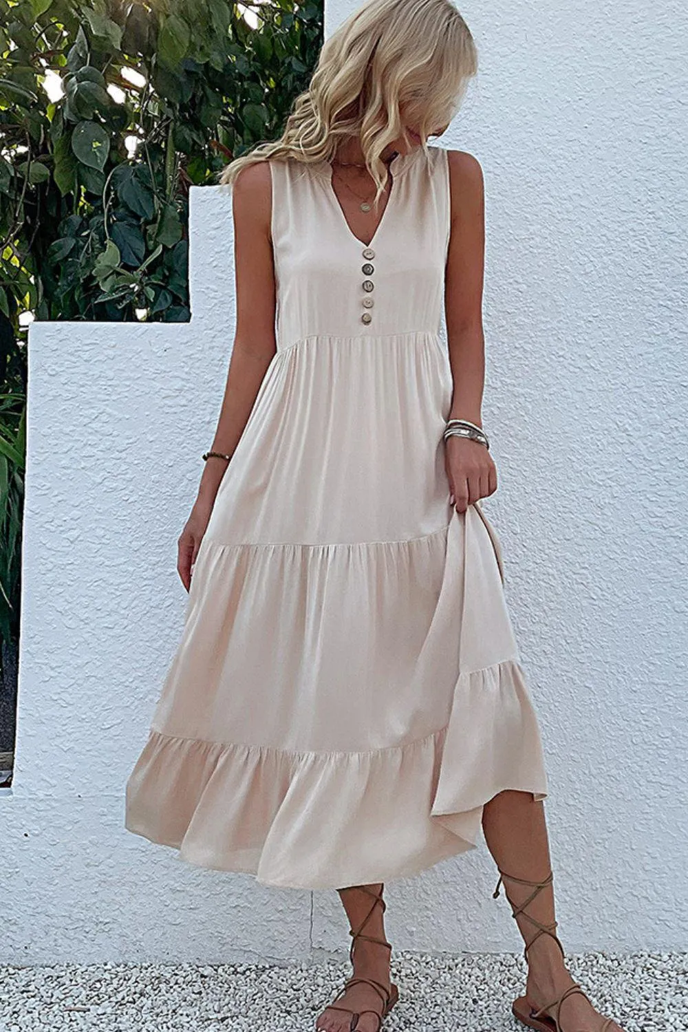 Hazel Blues® | Decorative Button Sleeveless Tiered Dress