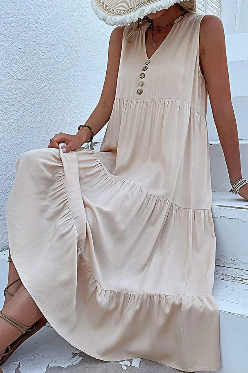 Hazel Blues® | Decorative Button Sleeveless Tiered Dress
