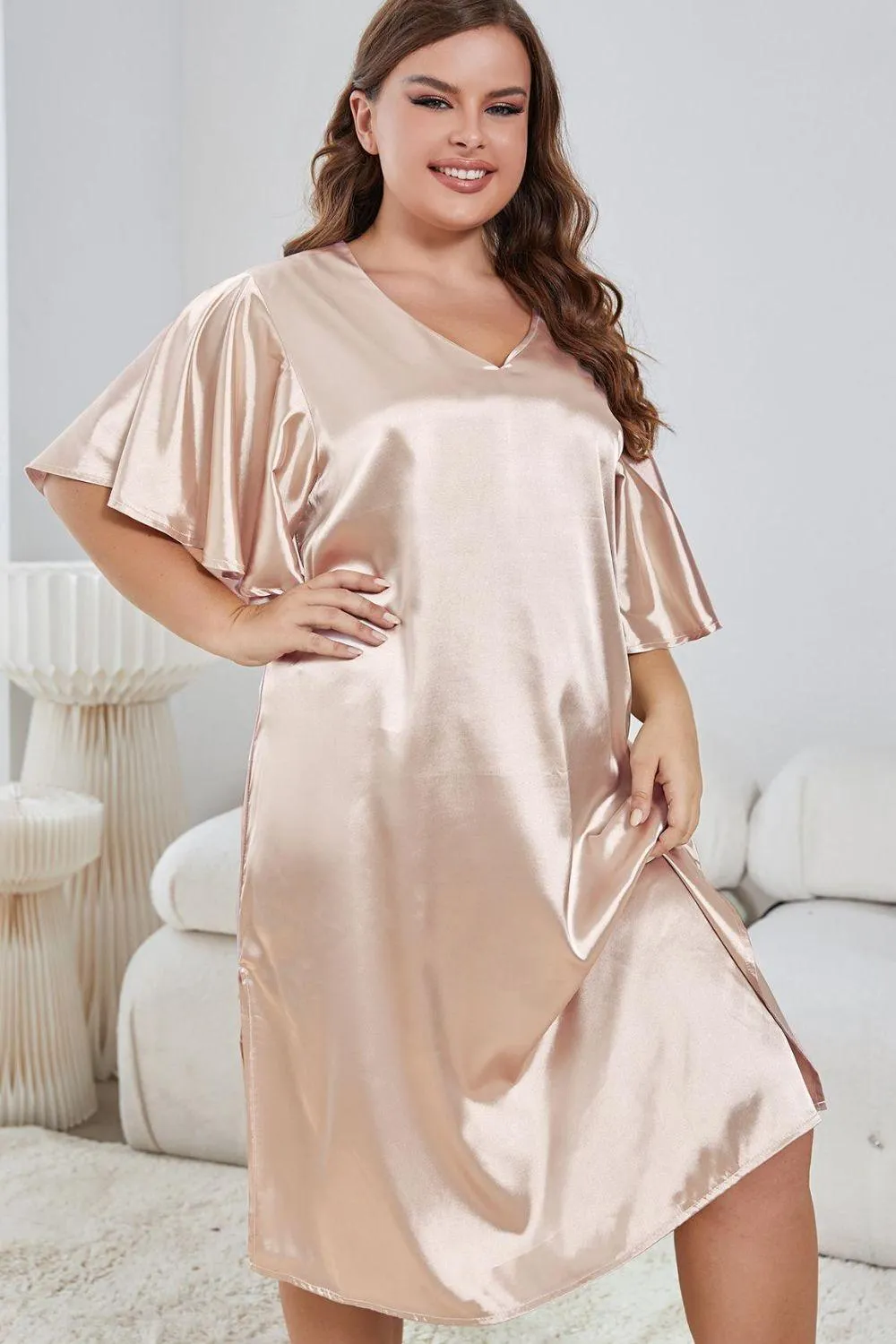 Hazel Blues® |  Flutter Sleeve V-Neck Side Slit Night Gown
