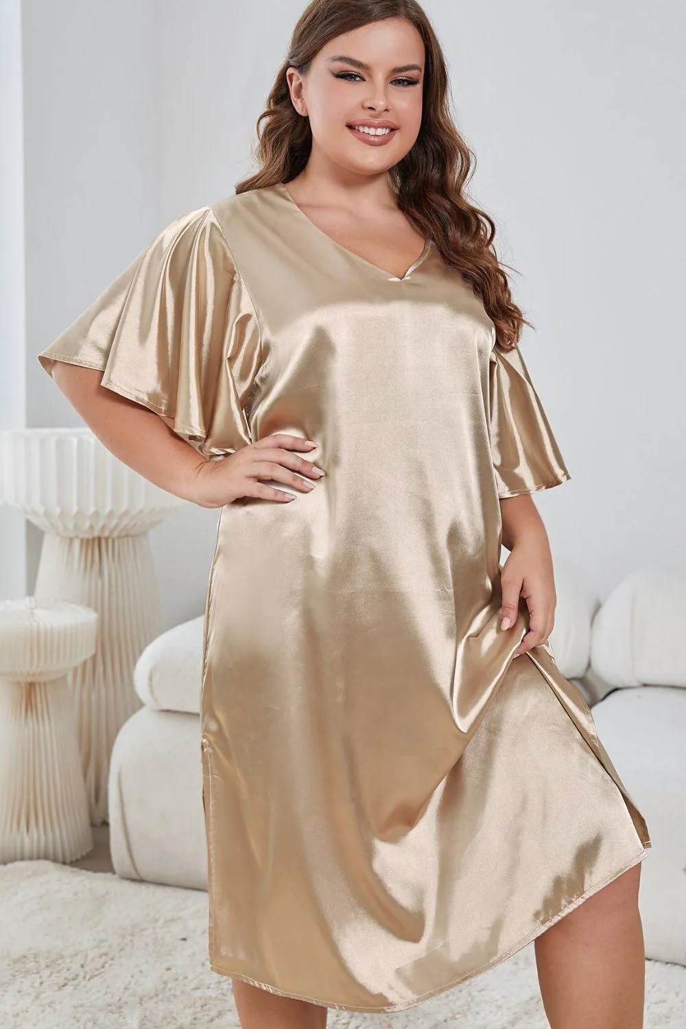 Hazel Blues® |  Flutter Sleeve V-Neck Side Slit Night Gown