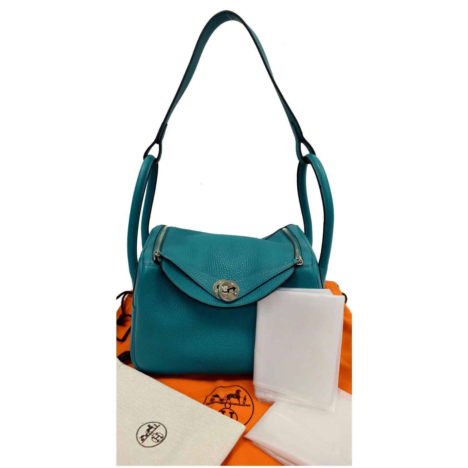 HERMES Lindy 26cm Clemence Leather Shoulder Bag Teal - 25% OFF