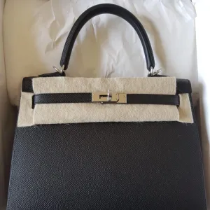 Hermès Kelly 25 Noir (Black) Sellier Epsom Palladium Hardware PHW