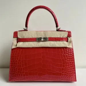 Hermès Kelly 25 Rose Extreme Sellier Alligator Mississippi Lisse Palladium Hardware PHW