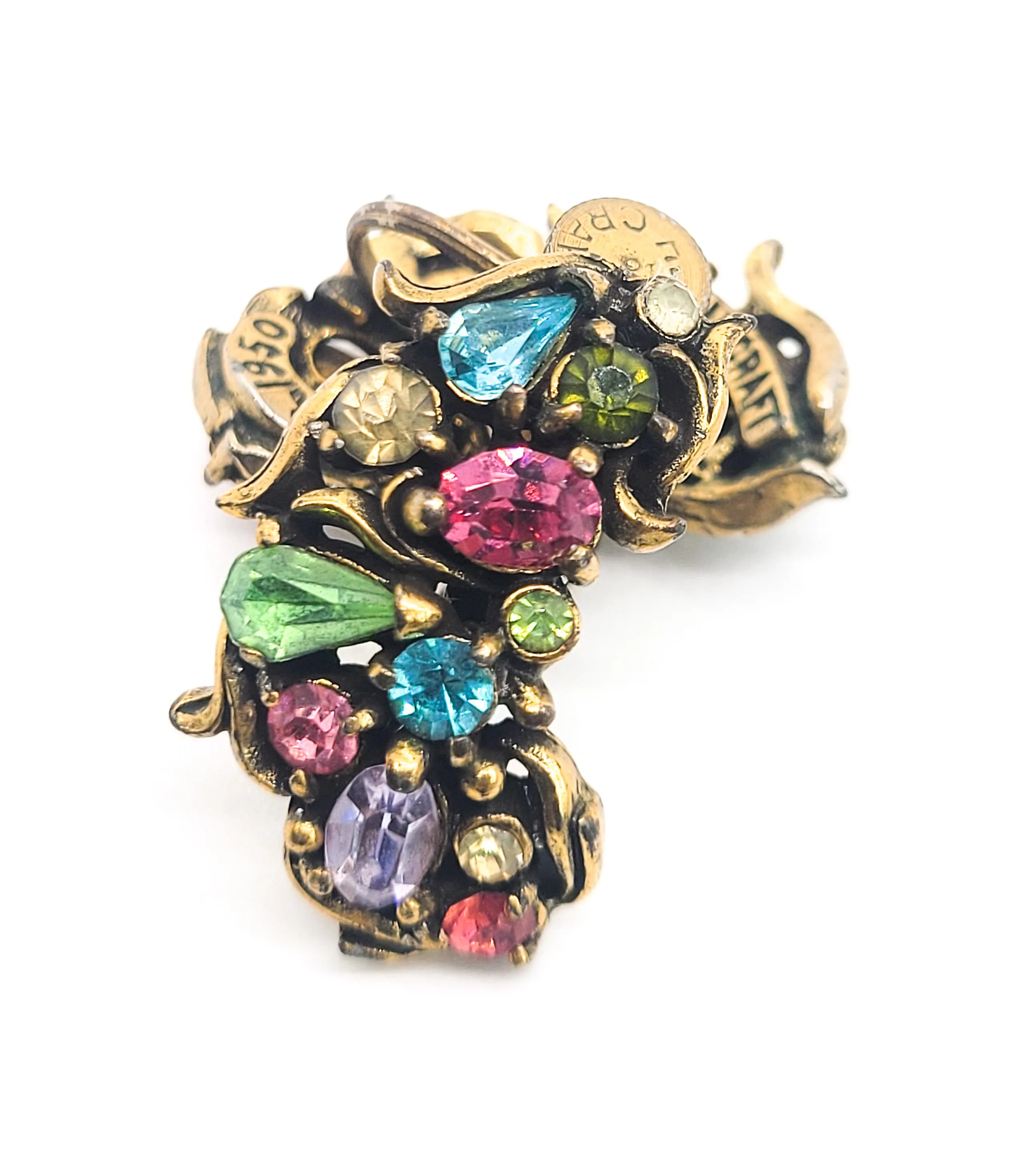 Hollycraft 1950 Fruit Salad kidney shaped vintage signed screw back earrings