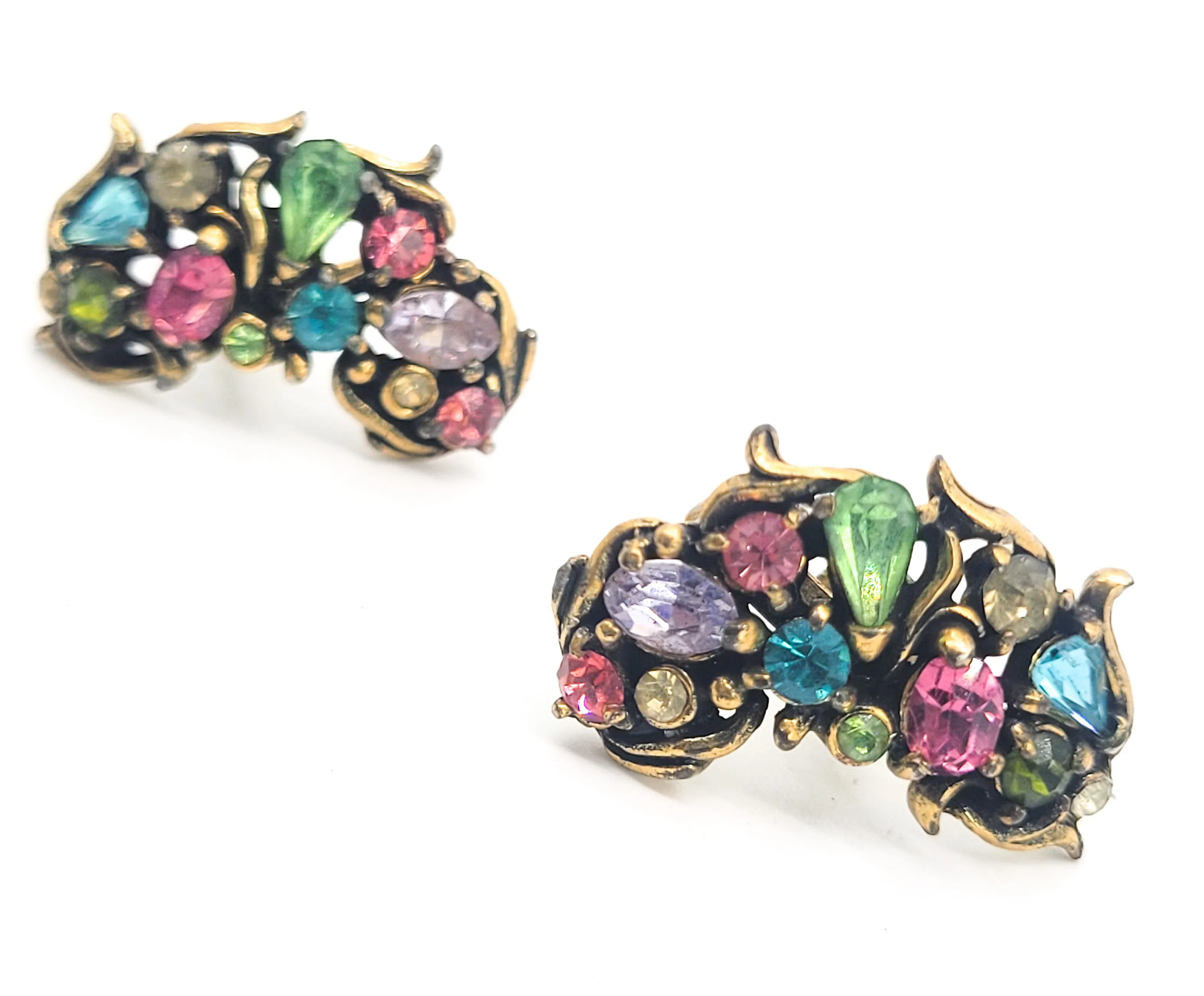 Hollycraft 1950 Fruit Salad kidney shaped vintage signed screw back earrings