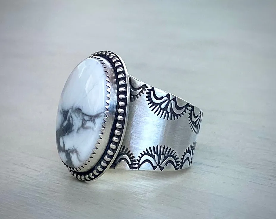 Howlite Stamped Wide Band Ring