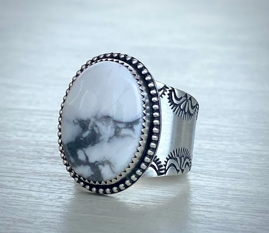 Howlite Stamped Wide Band Ring
