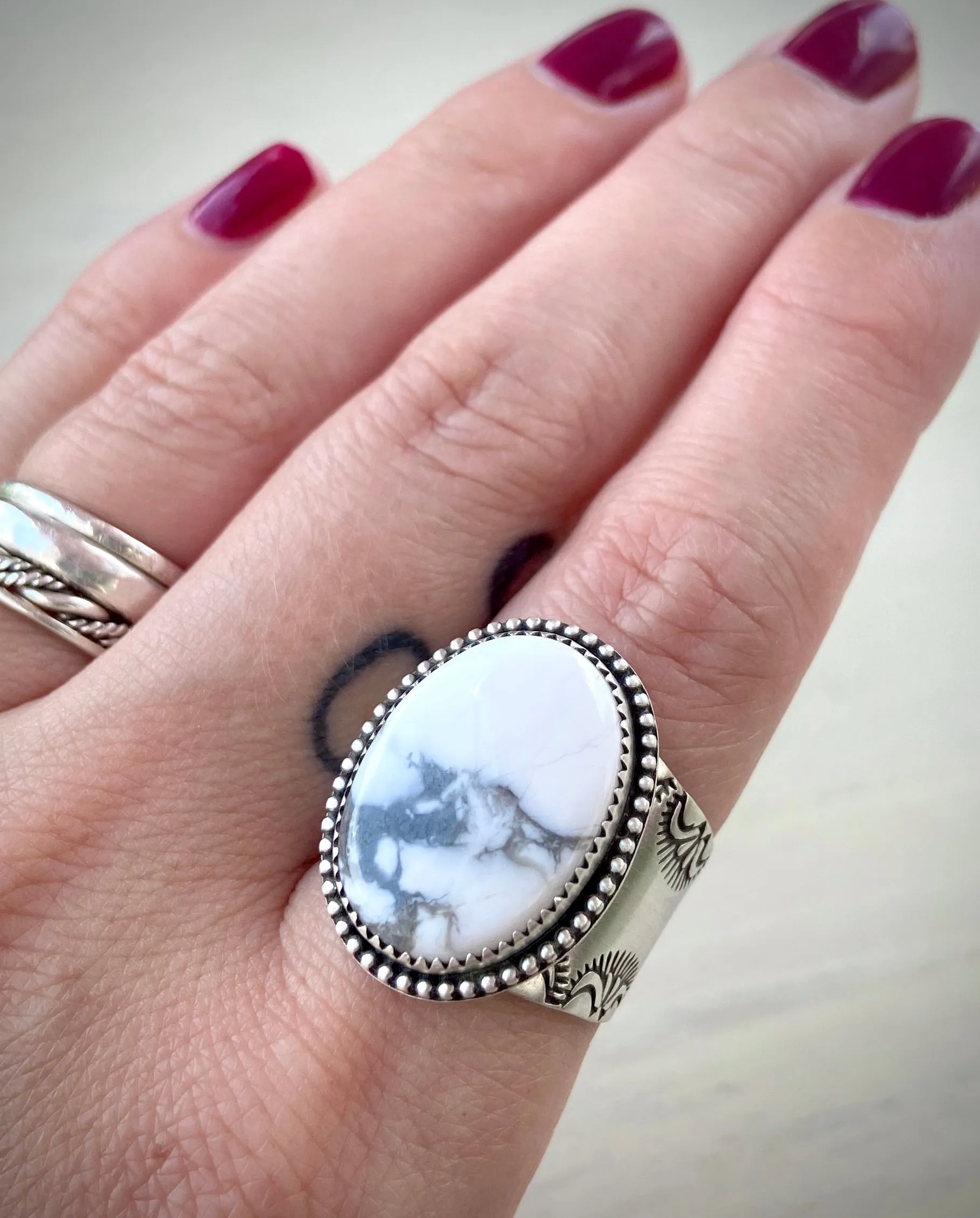 Howlite Stamped Wide Band Ring